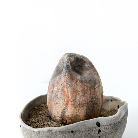 20. Hibou craquelé dans son bol à taches. Dark granite. 5 x 3 x 3". 2025.
300$