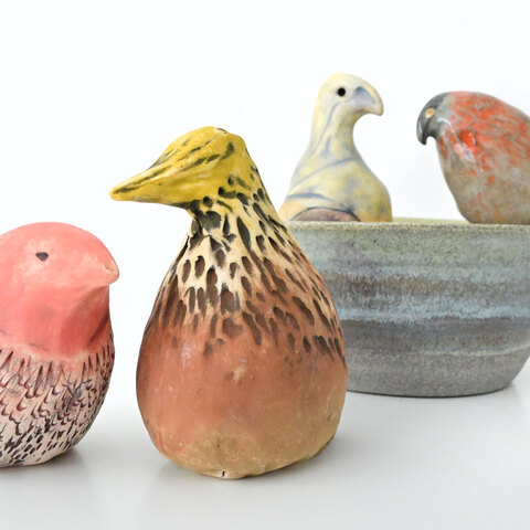 10. Gauche : Couple rose et jaune. Porcelaine. Dimensions variées. 2024.
250$
11. Droite arrière : Oiseaux de proie dans bol dark granite. Environ 8 x 8 x 7". 2025.
300$