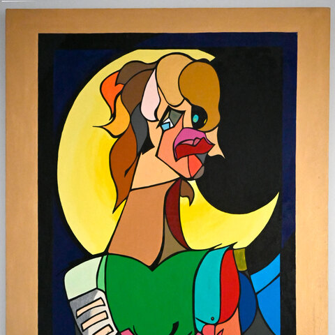 63. Cavalier en moto. Acrylique sur toile. 34 x 28" approx.". 1999. 2 500$